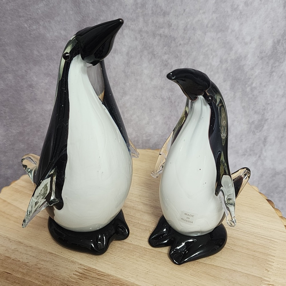 Vintage Hand Blown Art Glass Penguin Figurine Pair Black White MCM Heavy 2 Pc